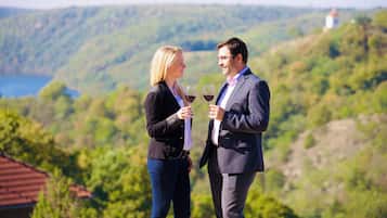 A couple standing on a hill overlooking a scenic landscape with a body of water and a lighthouse in the distance.