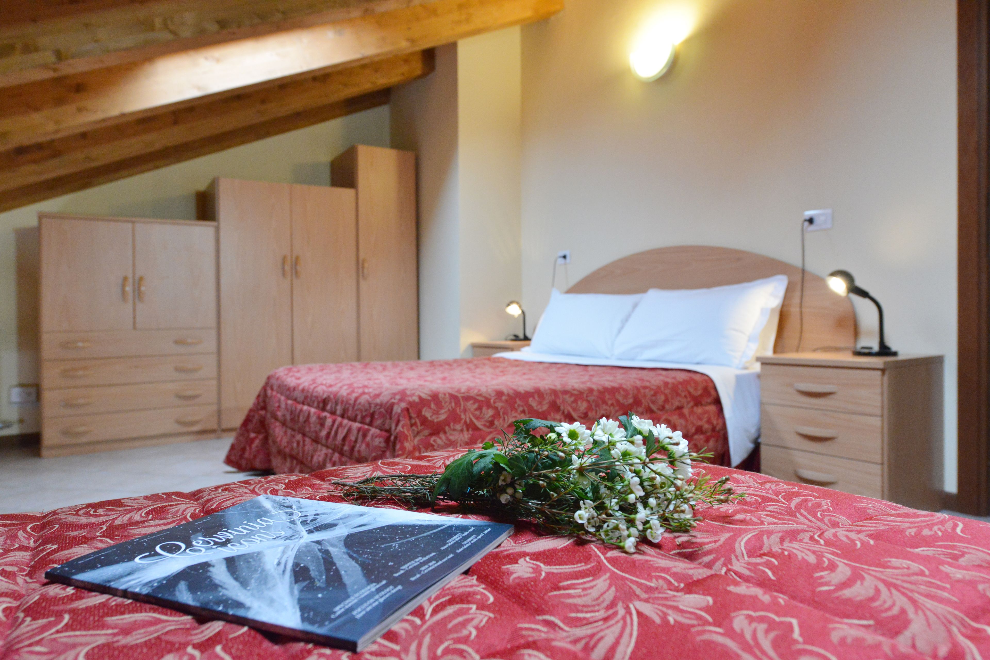 A bedroom with a bed, a nightstand, a wooden wardrobe, and a red patterned bedspread.