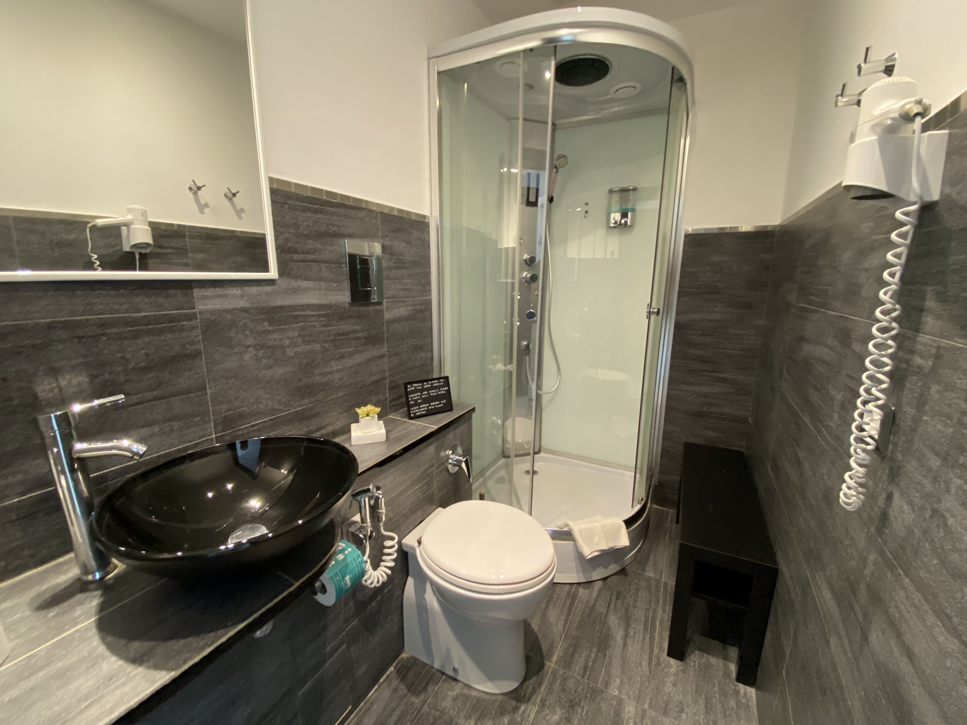 A modern bathroom with a black vessel sink, a white toilet, and a glass-enclosed shower.
