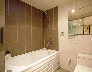 Combined shower/bathtub, jetted bath, hair dryer, slippers