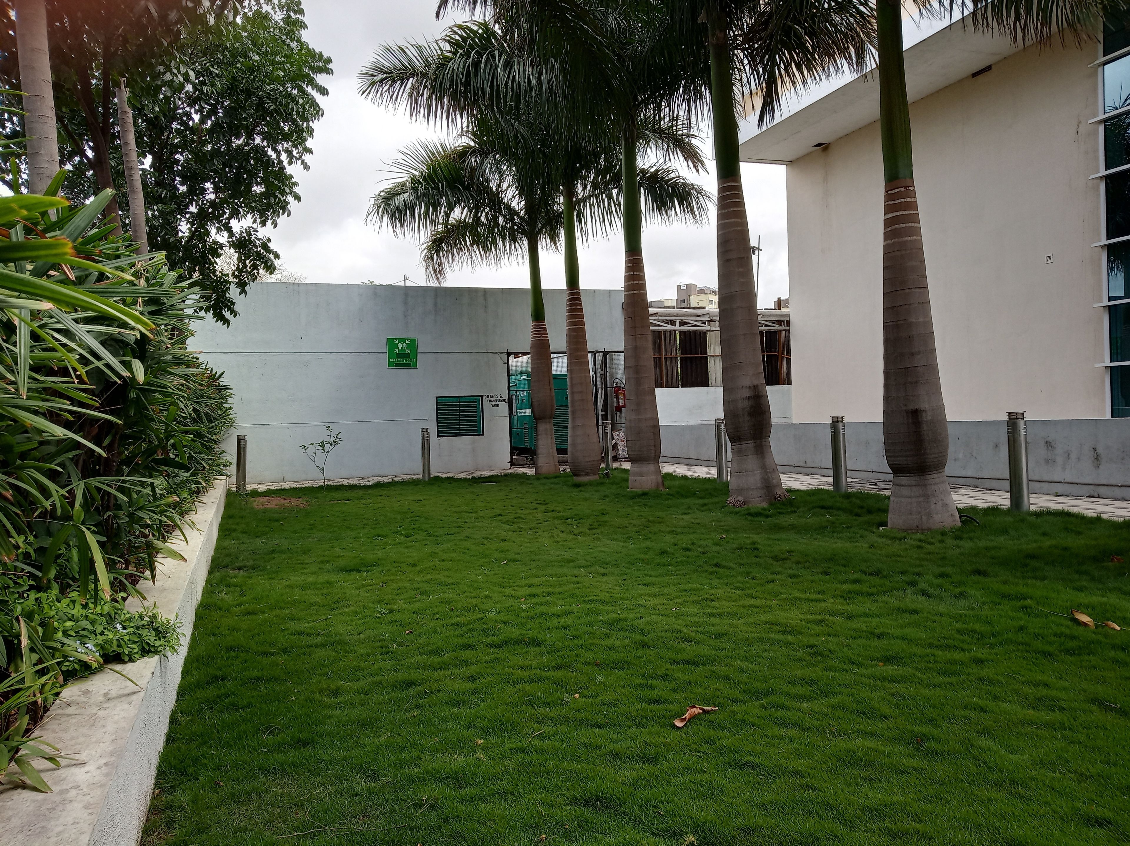 Une cour verdoyante, agrémentée de palmiers, et un bâtiment blanc sur lequel on peut voir un panneau vert indiquant la sortie de secours.