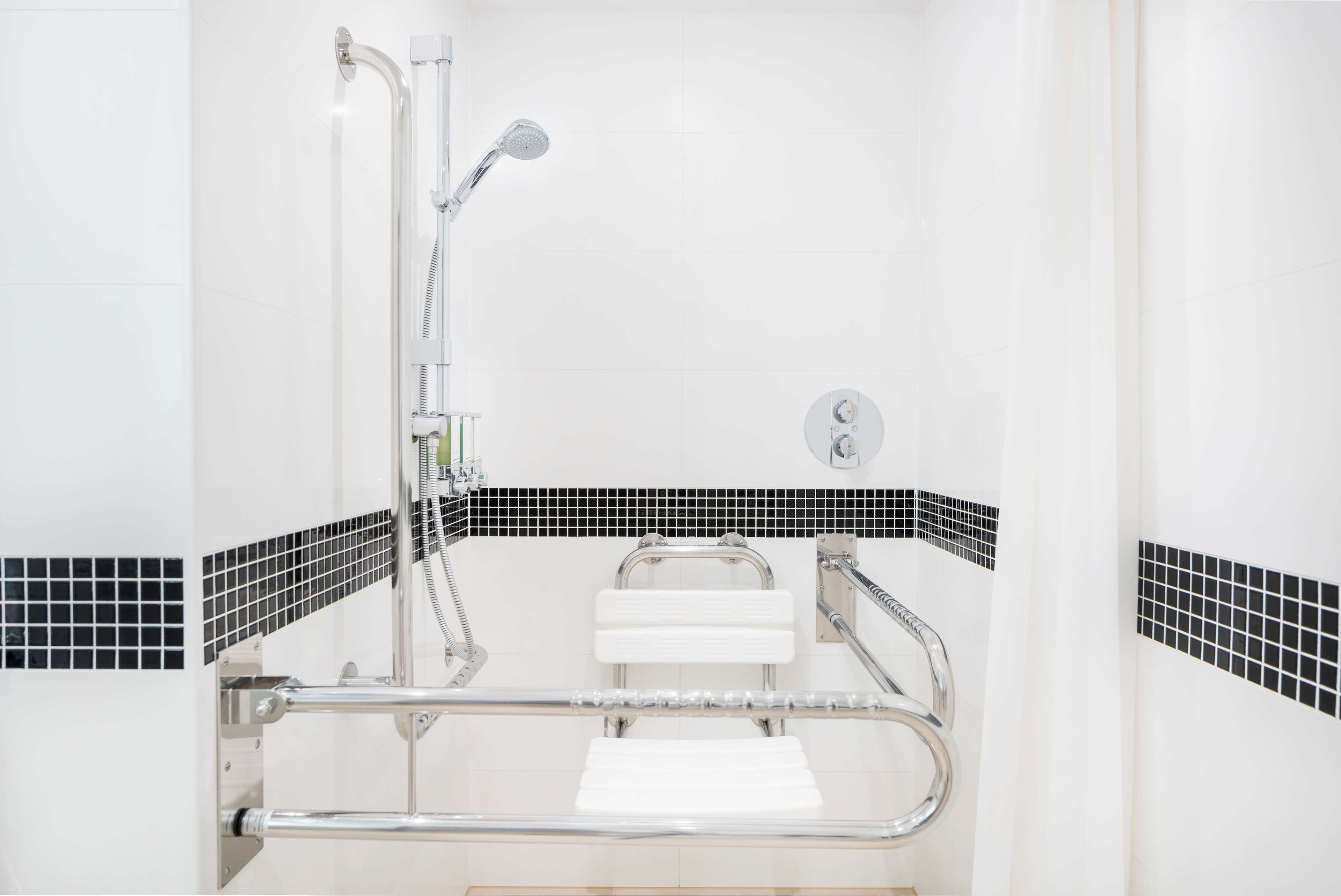 Ein Badezimmer mit Dusche, Toilette und Handlauf.