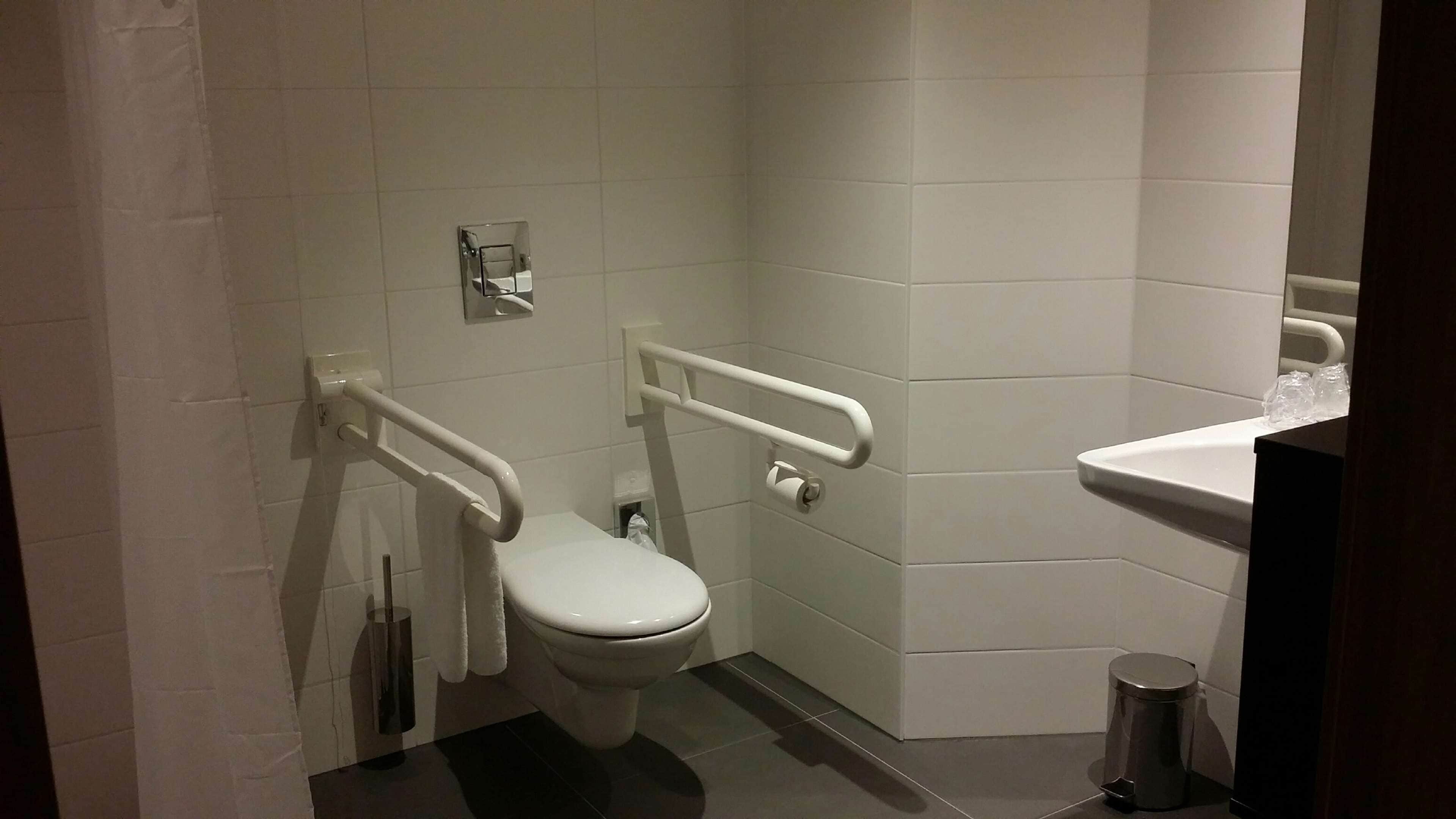 Et lille, moderne badeværelse med toilet, gelænder, håndvask og skraldespand.