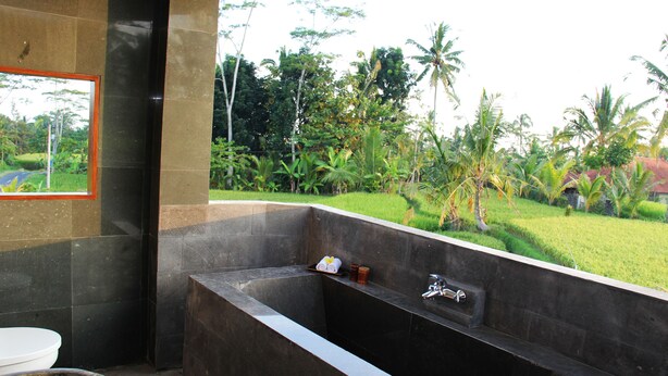A modern bathroom with a large bathtub, a toilet, and a mirror. - Villa Kemuning Ubud (Tegallalang)