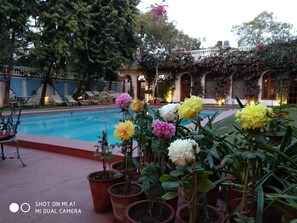 Outdoor pool, pool loungers - Hotel Megh Niwas (Jaipur)
