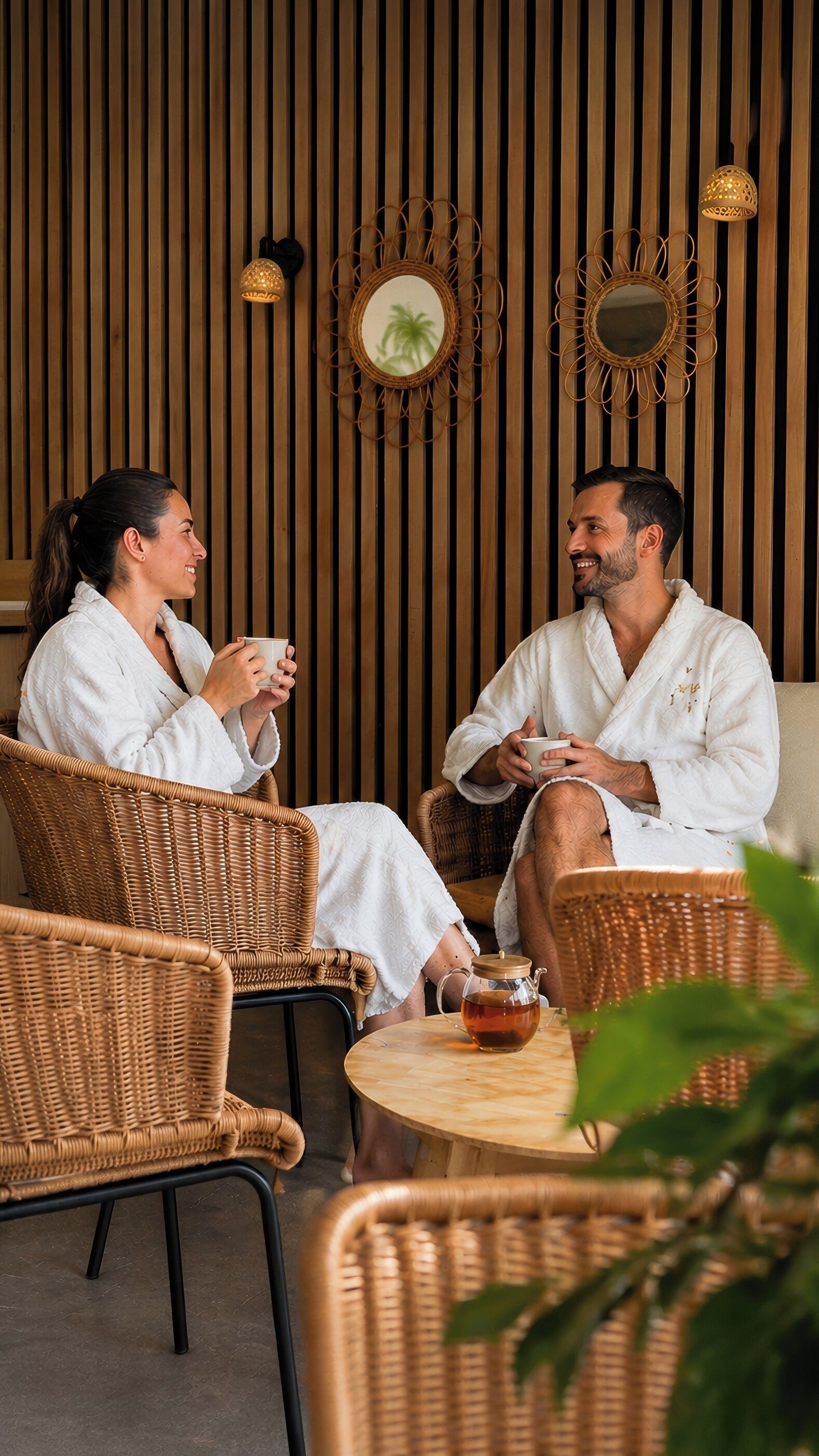Two individuals in white robes seated on wicker chairs in a room with a wooden slat wall, a round table with a teapot, and decorative wall sconces.