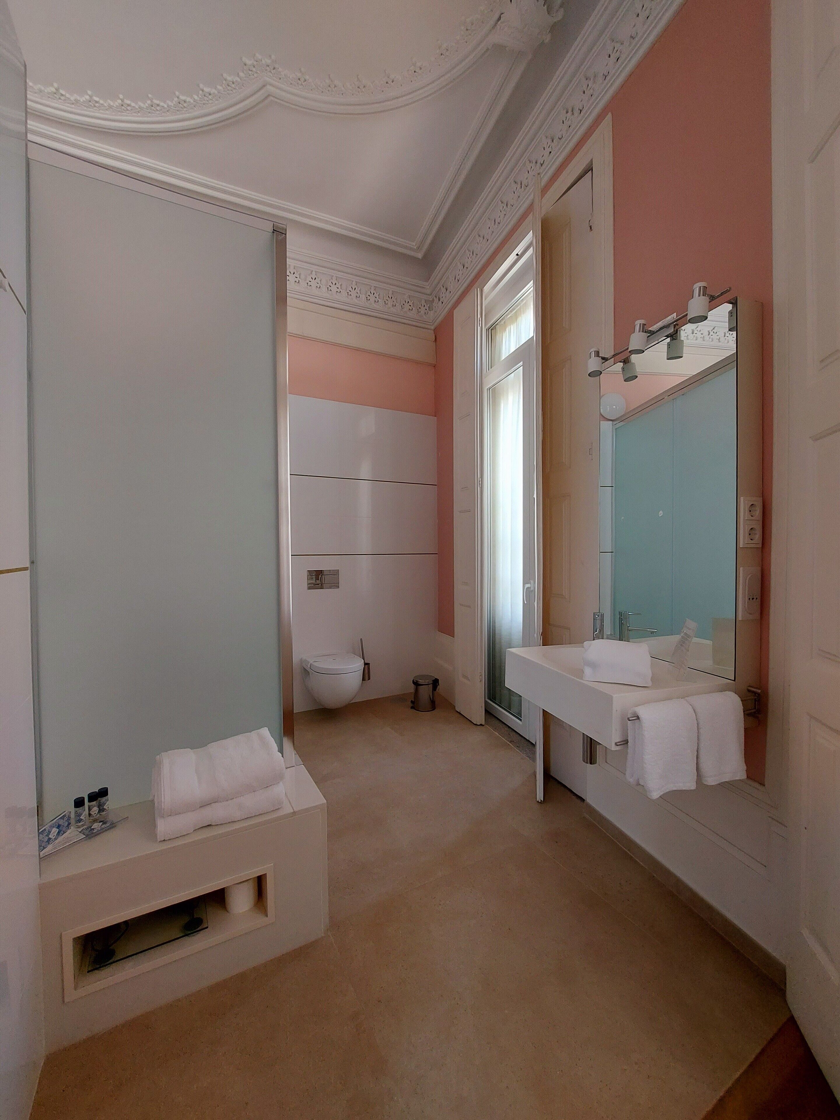 A bathroom with a white sink, a mirror, and a toilet. There is a towel rack and a trash can.