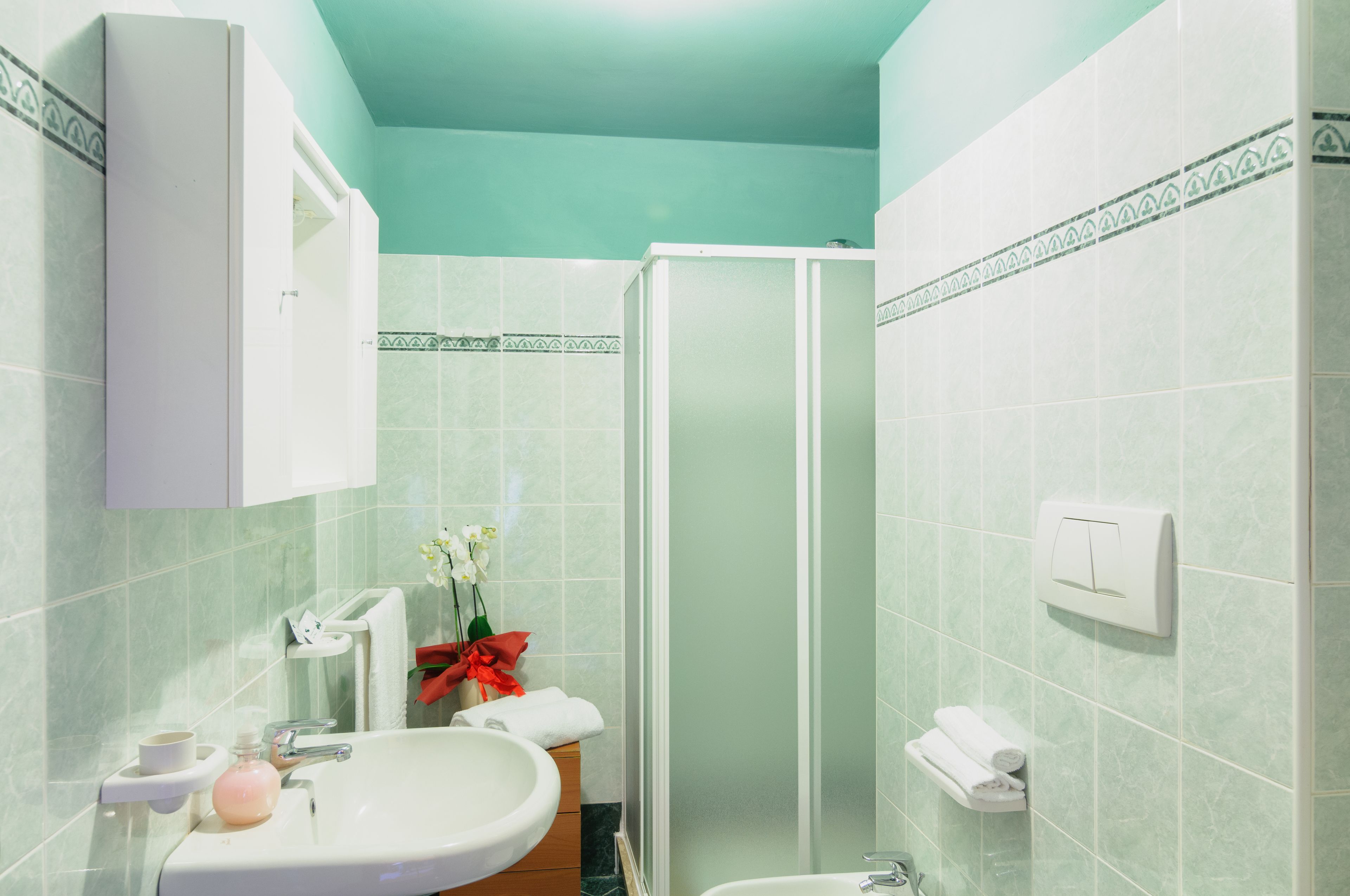 A bathroom with a sink, mirror, and shower.