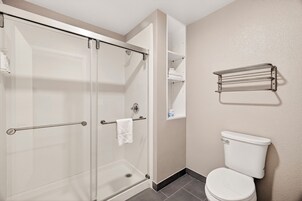 Un baño con ducha envuelta en vidrio, inodoro y perchero para toallas.