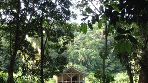 A rustic wooden structure with a balcony overlooking a flowing river, surrounded by dense greenery and large rocks.