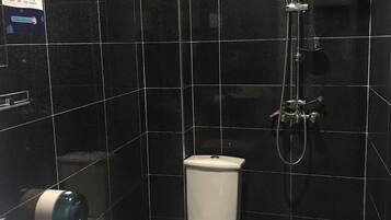 Shower, free toiletries, hair dryer, slippers