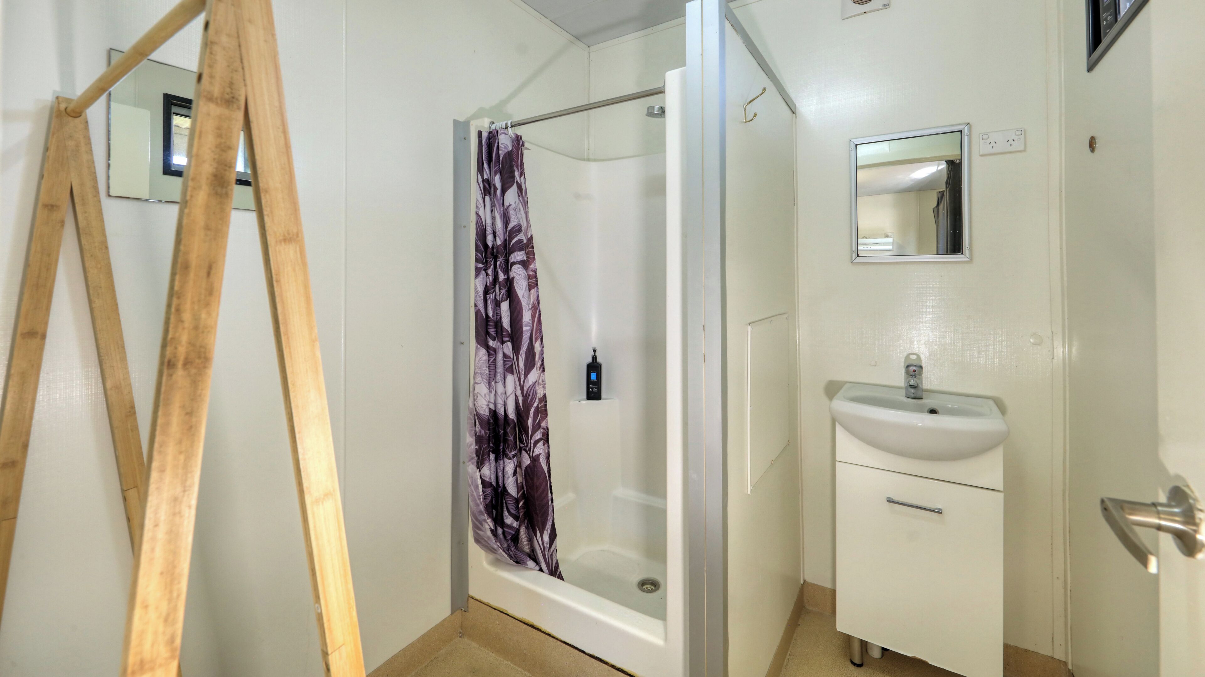 A bathroom with a shower, a sink, a mirror, and a wooden ladder.
