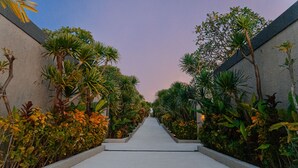Un sentier bordé d’une végétation tropicale luxuriante qui mène à un bâtiment doté d’un toit en pente.