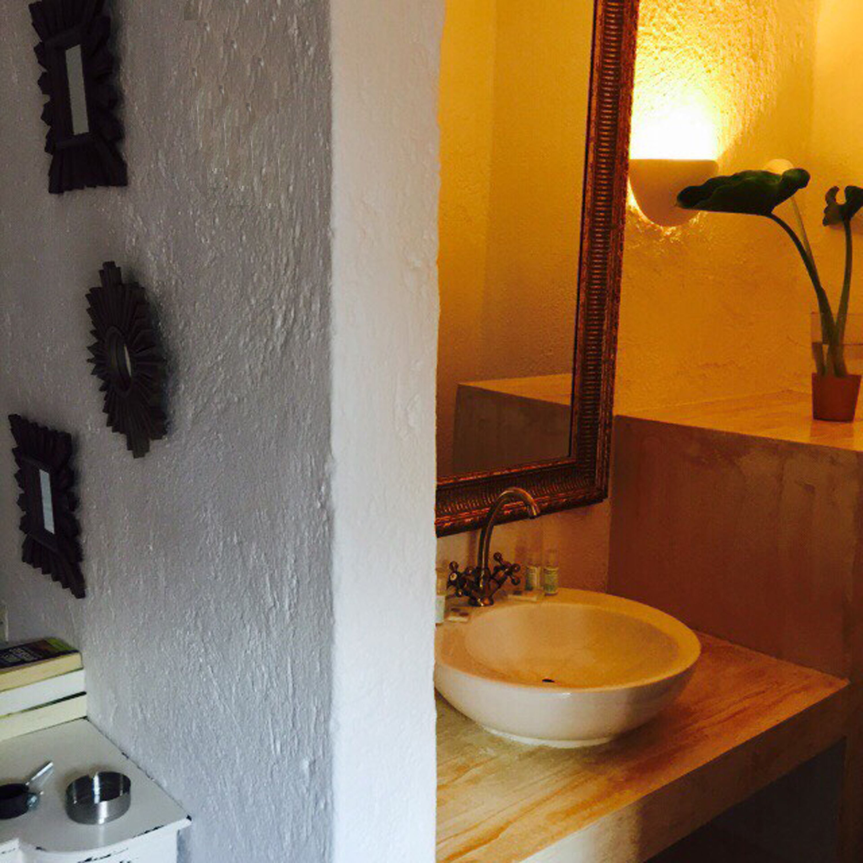 Een badkamer met een wit wastafelmeubel, een spiegel en een plant op het aanrecht.