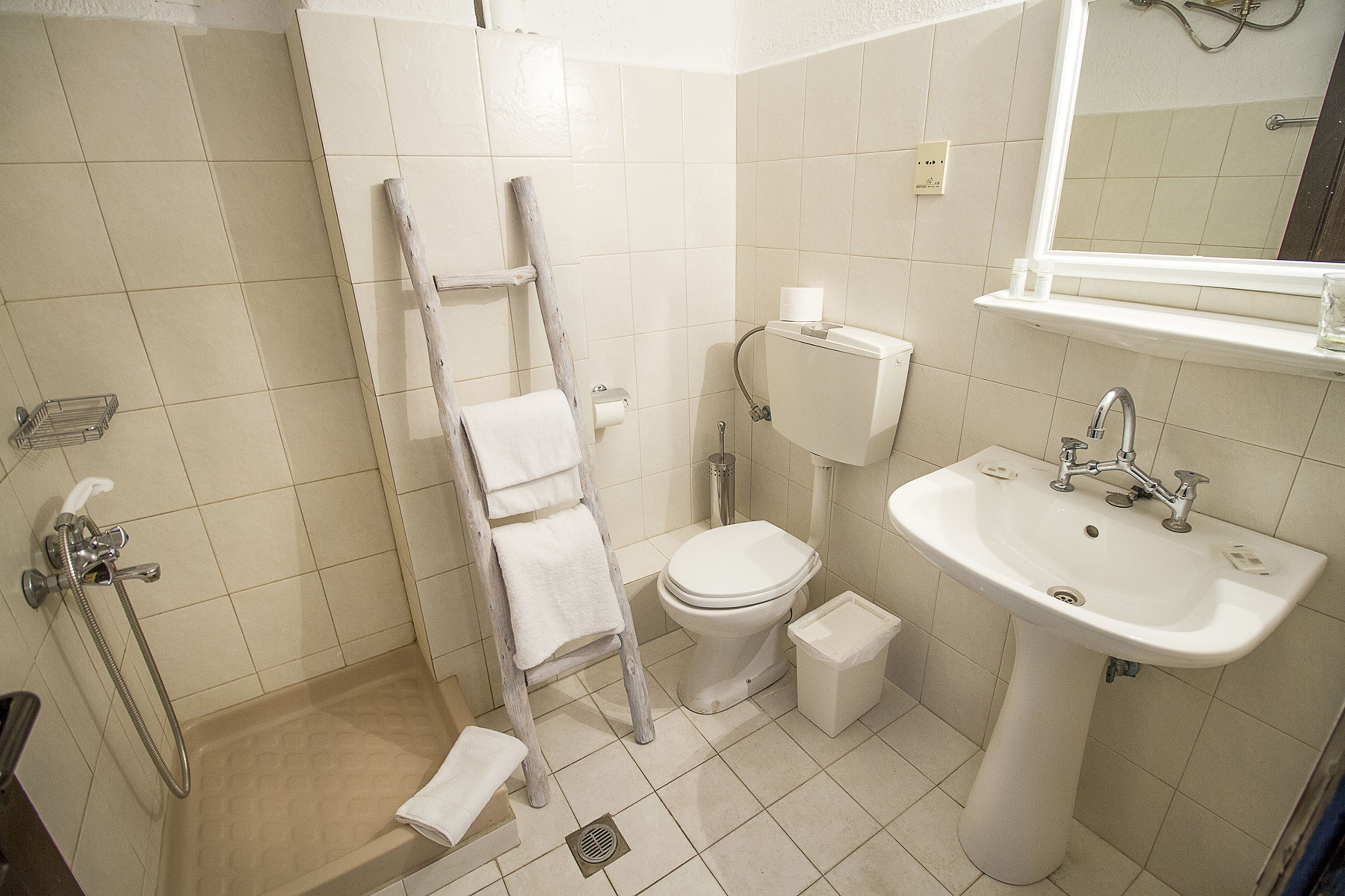 Een badkamer met toilet, wastafel, douche en een handdoekhouder.