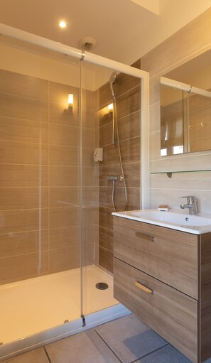 Chambre double | Salle de bain | Douche, articles de toilette (gratuits), séchoir à cheveux
