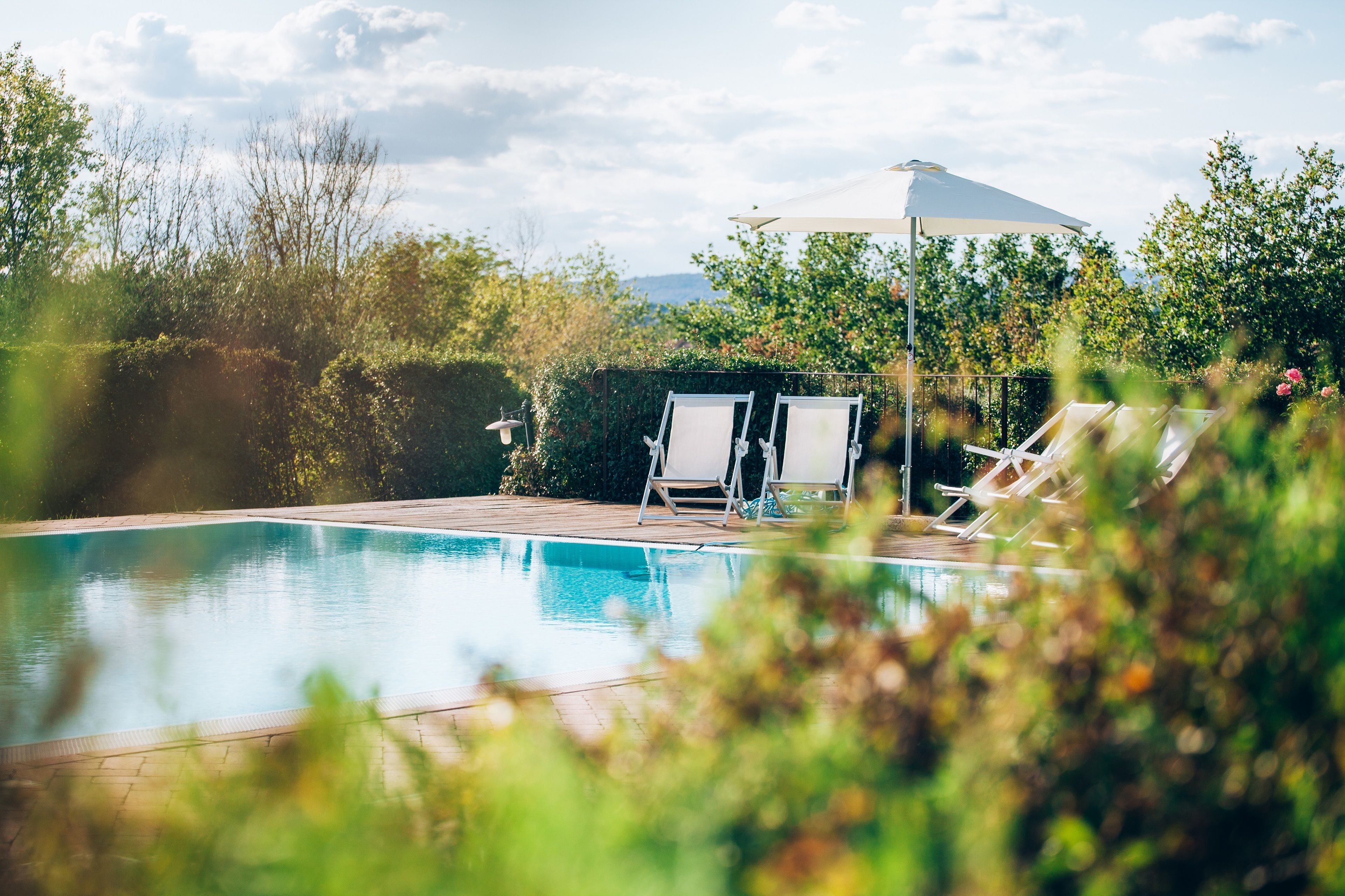 Seasonal outdoor pool, pool umbrellas, pool loungers