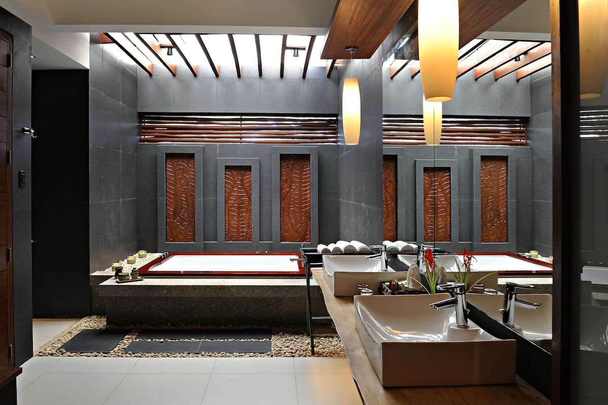 double pool | bathroom | shower, rainfall showerhead, hair dryer, bathrobes