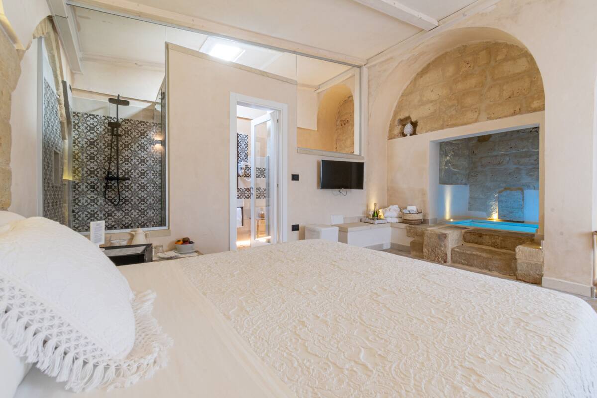 Une chambre d’hôtel avec un grand lit, une douche, une télévision et une arche en pierre.