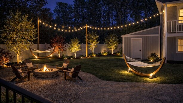 A backyard with a fire pit, outdoor seating, string lights, and a hammock. - Dennis Port Surf Club (Boutique Hotel) (Dennis Port)