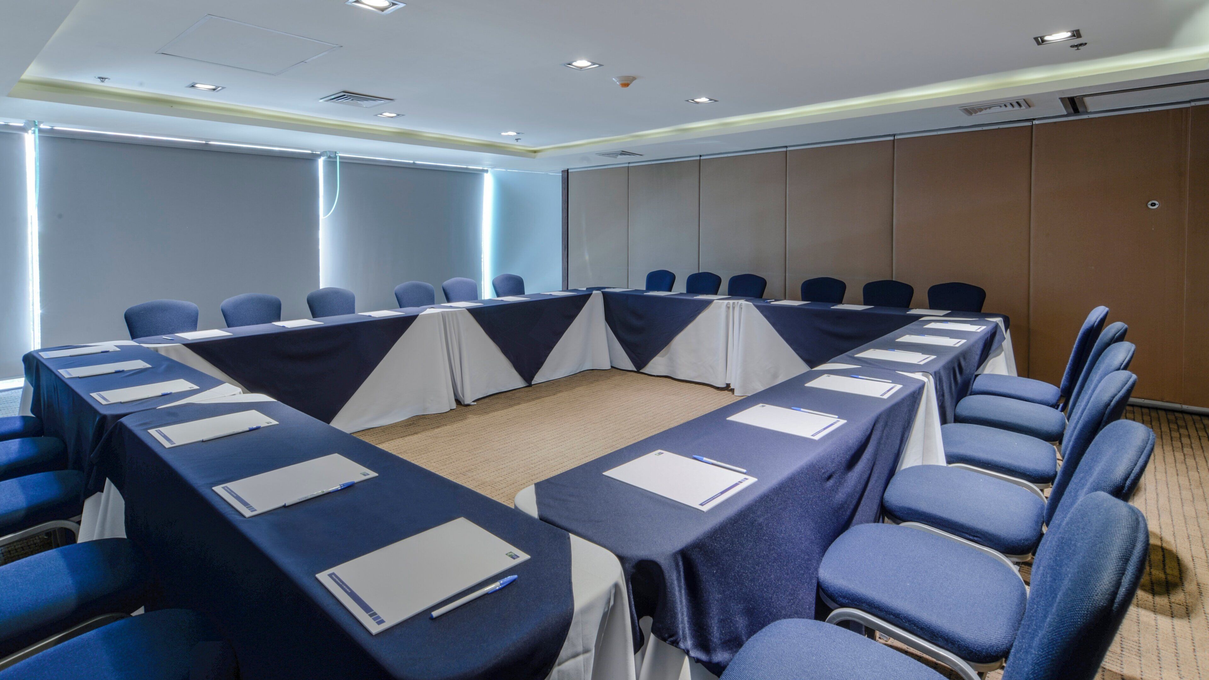 Une salle de conférence avec une longue table, des chaises et un sol recouvert de moquette.