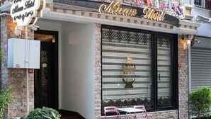 Façana d'hotel amb exterior de pedra, un marbell i plantes en testos.
