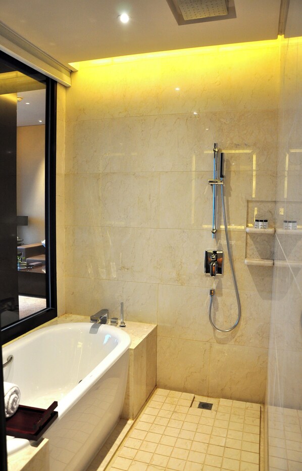 A modern bathroom with a bathtub, a shower, and a glass-enclosed shower area.