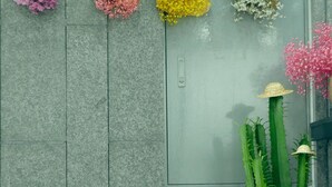 A room with a chair, a small table, a cactus, and a wall decorated with flower bouquets and photos. - Residence Mumum Hotel (Busan)