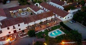 Outdoor pool, pool umbrellas, pool loungers