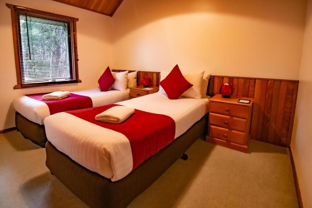 A bedroom with two beds, a dresser, and a window.