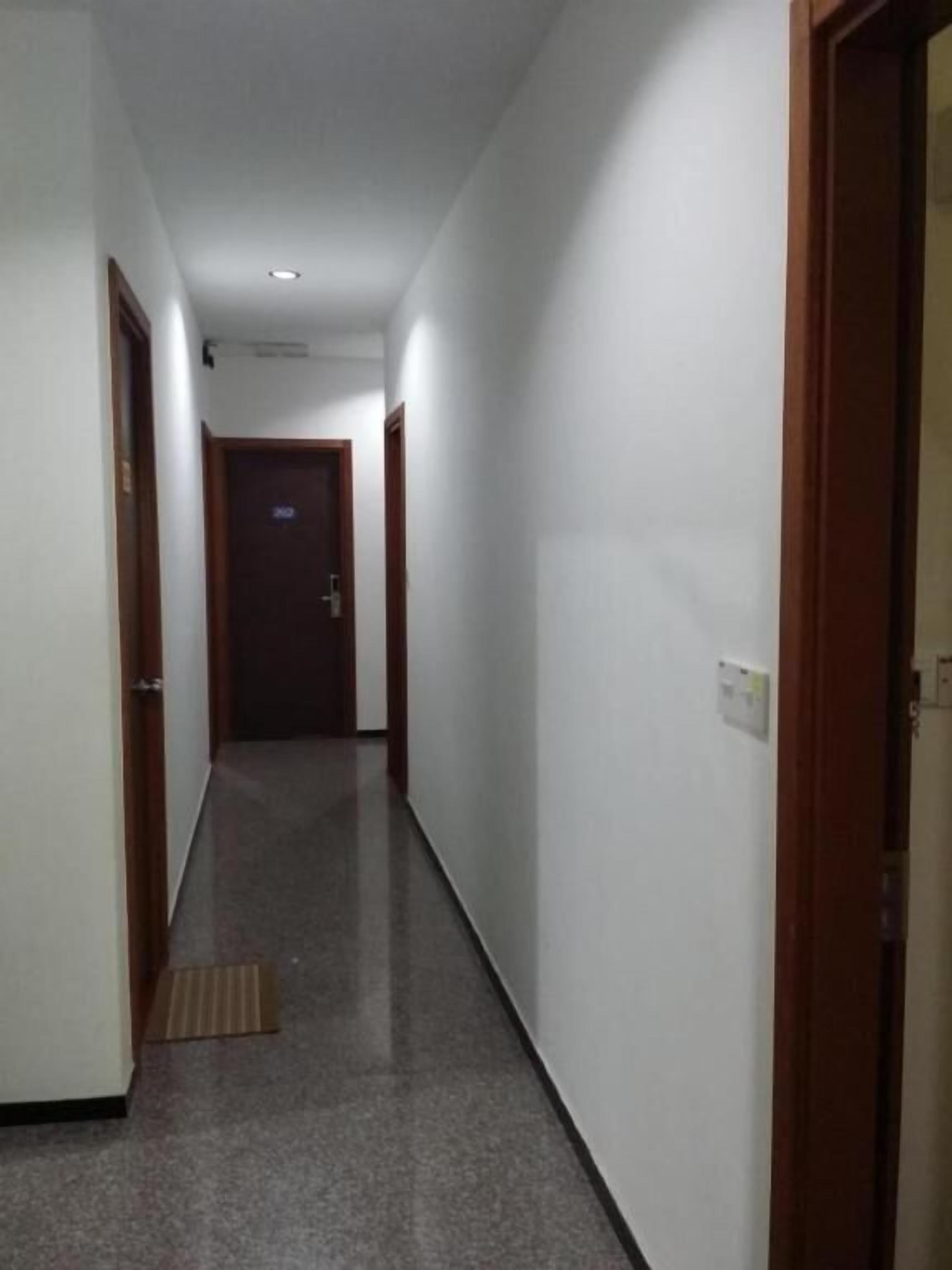 A narrow, well-lit hallway with a carpeted floor, wooden doors, and a visible door at the end.