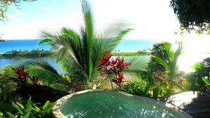 Un jacuzzi rodeado de plantas tropicales y una terraza de madera, con vista al océano al fondo.