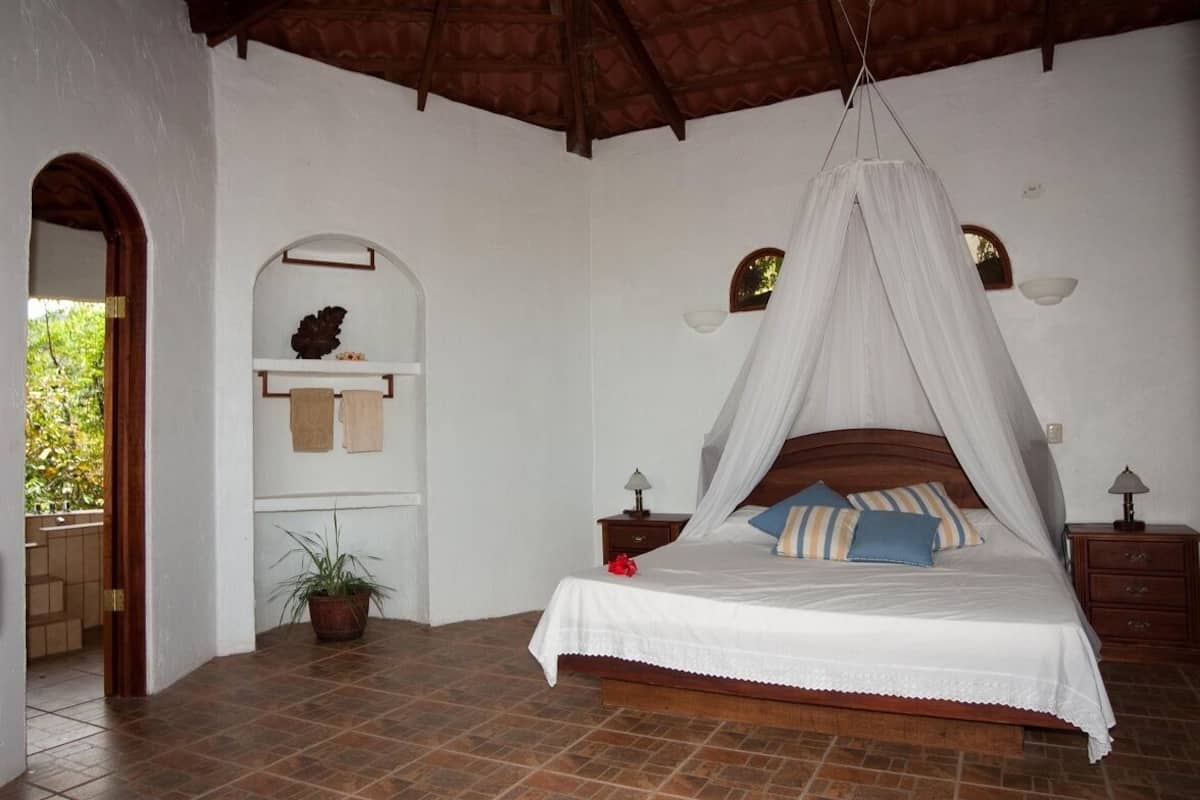 A bedroom with a wooden bed, white walls, a ceiling fan, and a potted plant.