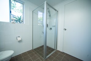 Shower, free toiletries, hair dryer, towels