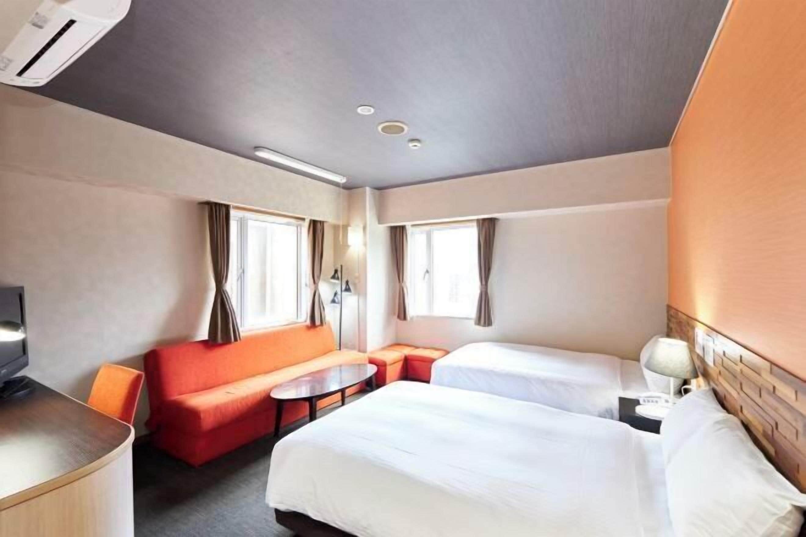 Desk, laptop workspace, blackout curtains, iron/ironing board