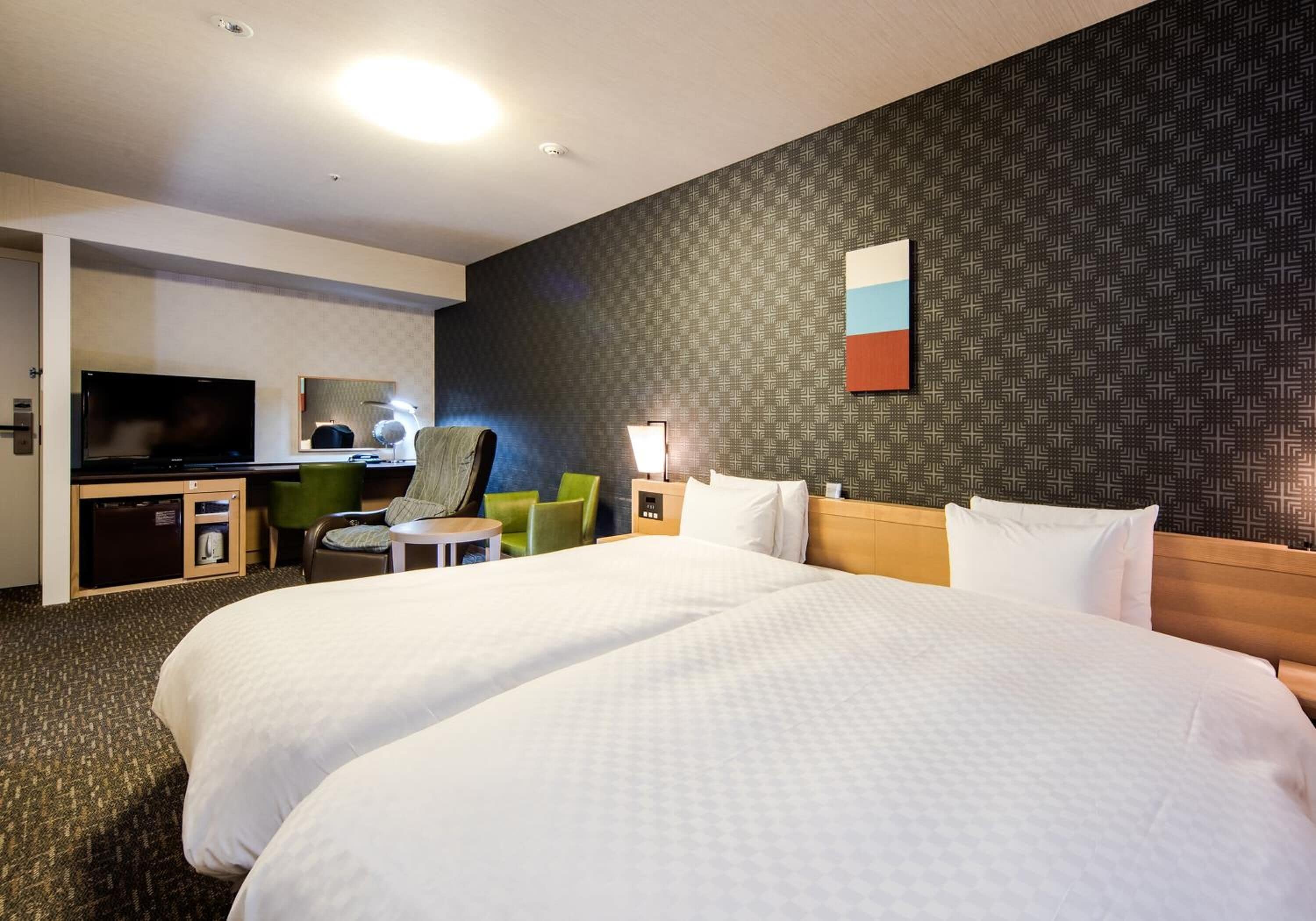 Desk, laptop workspace, blackout drapes, iron/ironing board