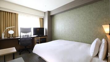 Desk, laptop workspace, blackout curtains, iron/ironing board