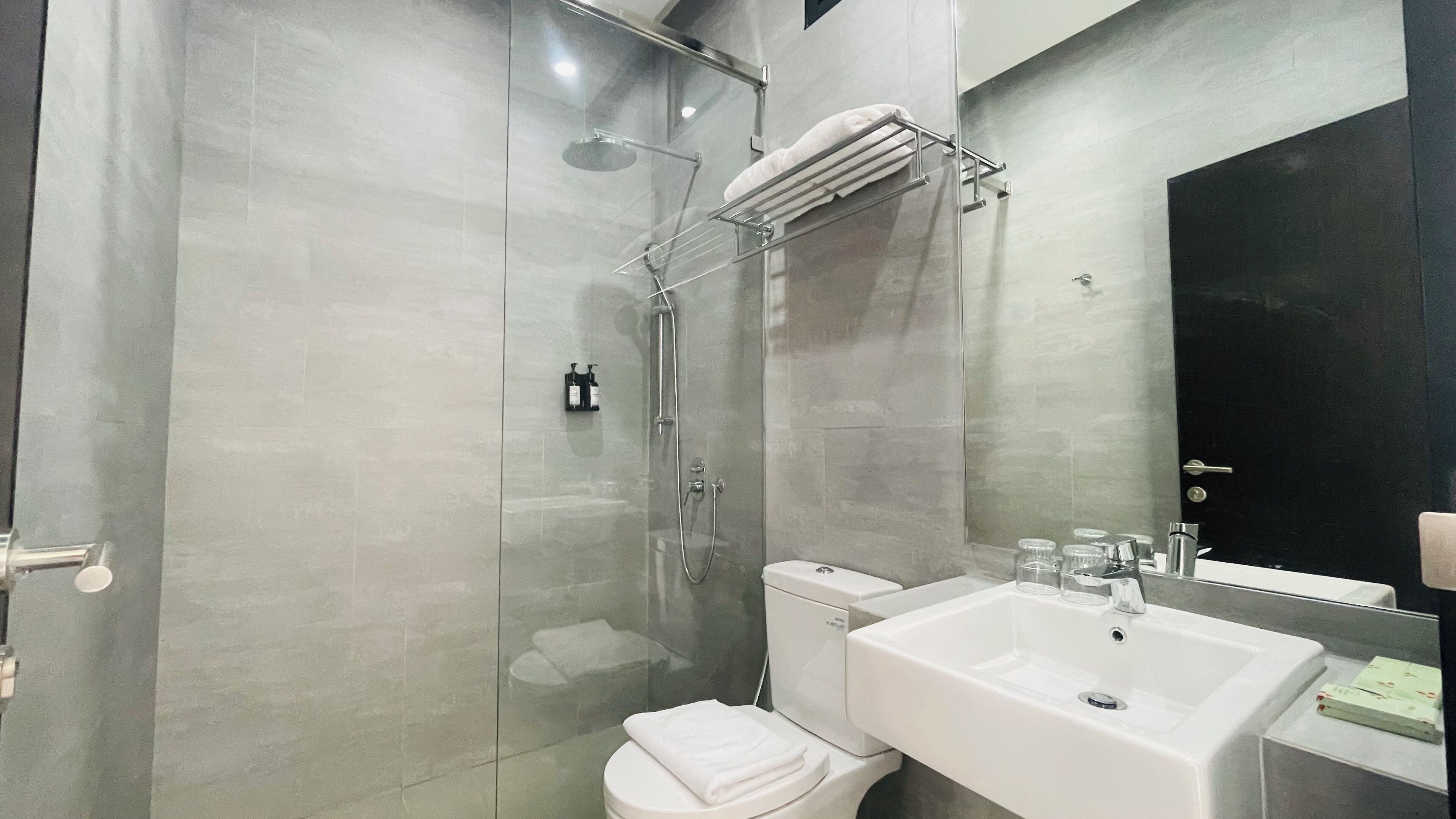 Une salle de bain moderne avec une douche à parois de verre, des toilettes blanches et un grand lavabo surmonté d’un miroir.