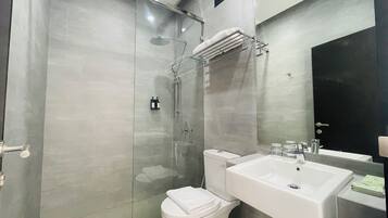 Une salle de bain moderne avec une douche à parois de verre, des toilettes blanches et un grand lavabo surmonté d’un miroir.