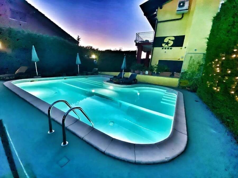 Outdoor pool, pool umbrellas, pool loungers