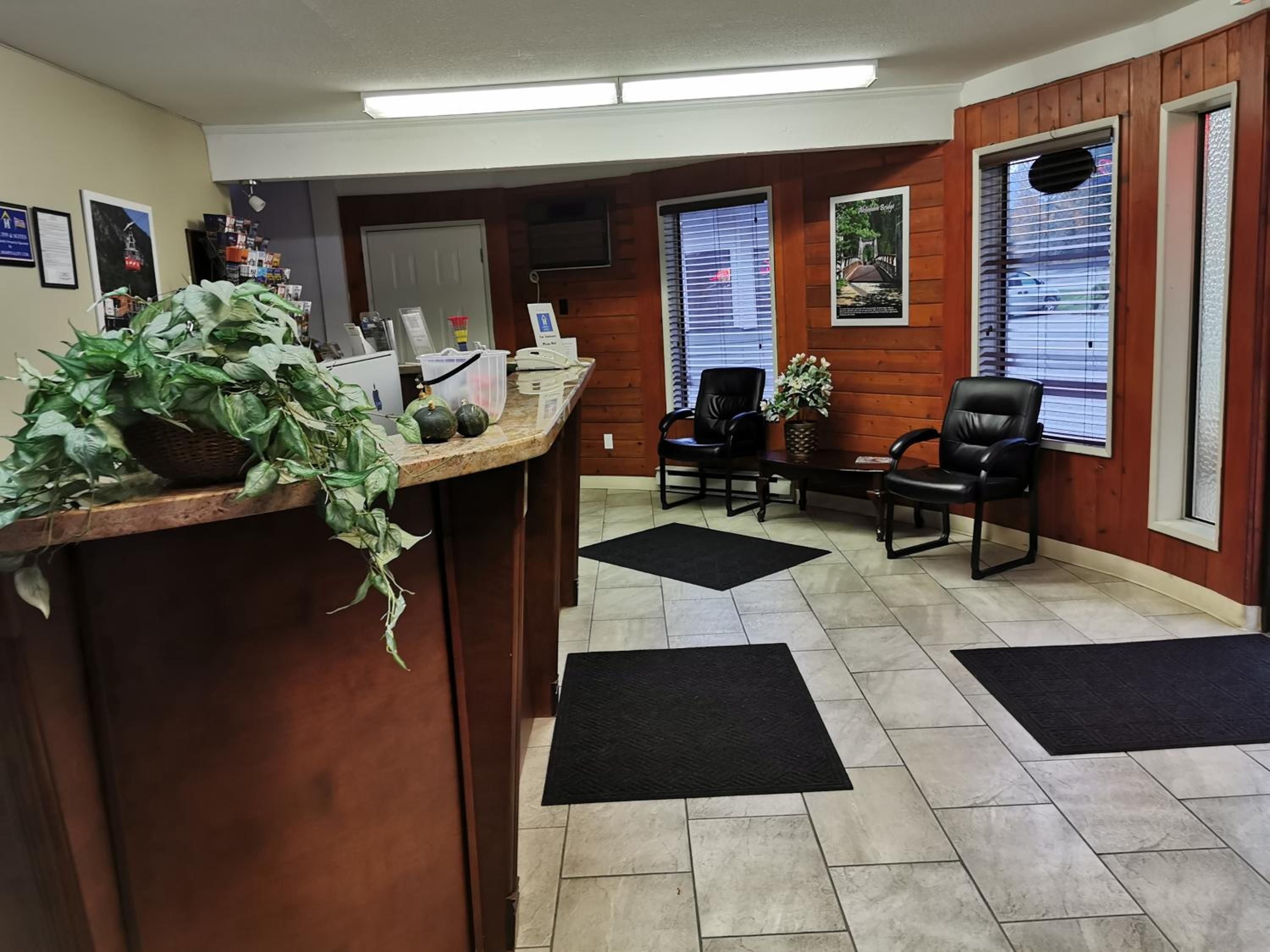 Una zona de recepción con mostrador de madera, alfombras negras y dos sillones de cuero negro.