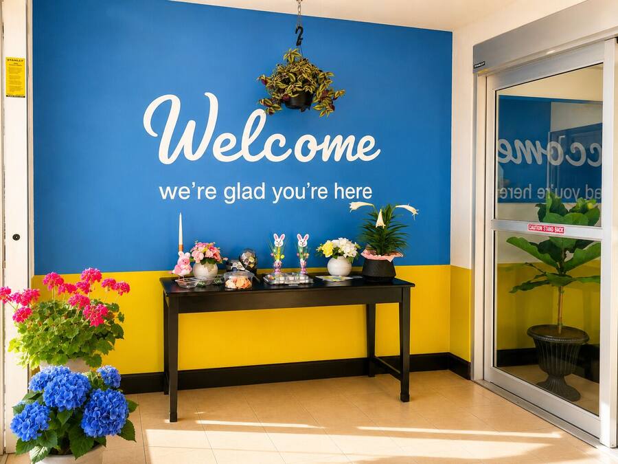 Un espace d’accueil avec un mur bleu sur lequel est affiché un message de bienvenue, une table noire sur laquelle sont disposés divers objets et des plantes en pot.