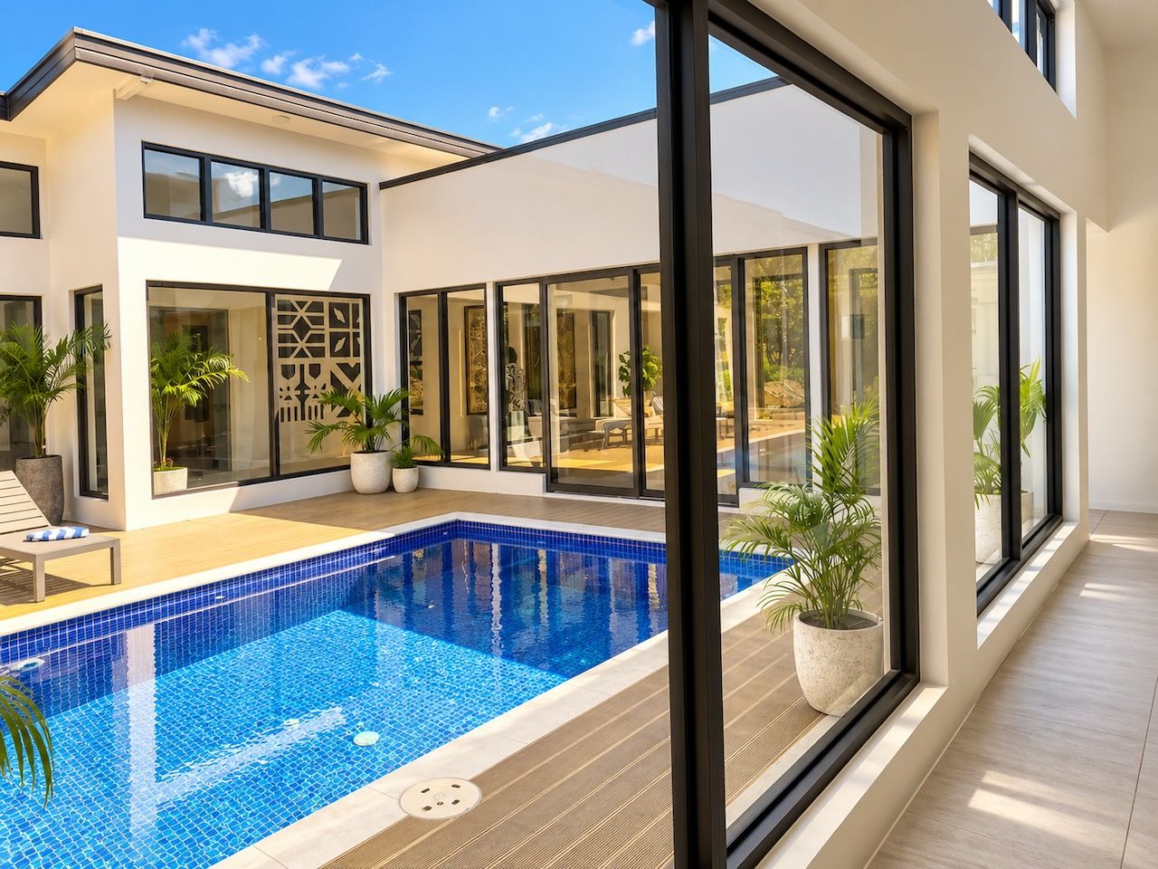 A modern house with a swimming pool, large windows, and outdoor furniture.