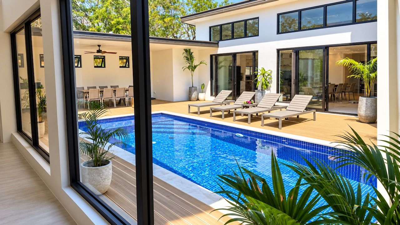 A modern house with a swimming pool, outdoor seating, and large windows.