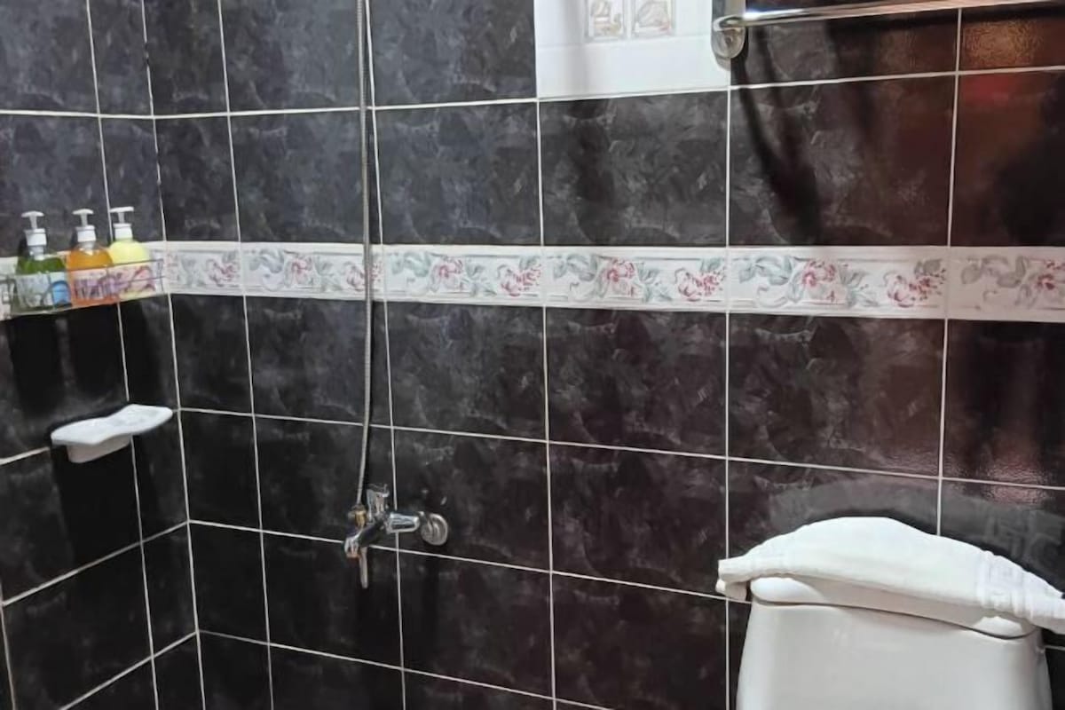 Shower, rainfall showerhead, free toiletries, hair dryer