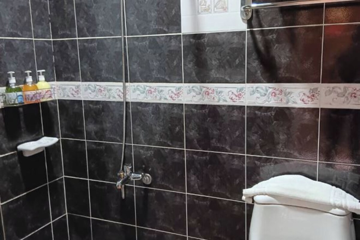 A bathroom with dark tiles, a shower, a toilet, and a shelf with toiletries.