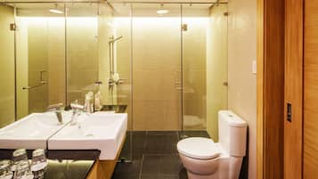 A modern bathroom with a glass-enclosed shower, a white sink, and a toilet.