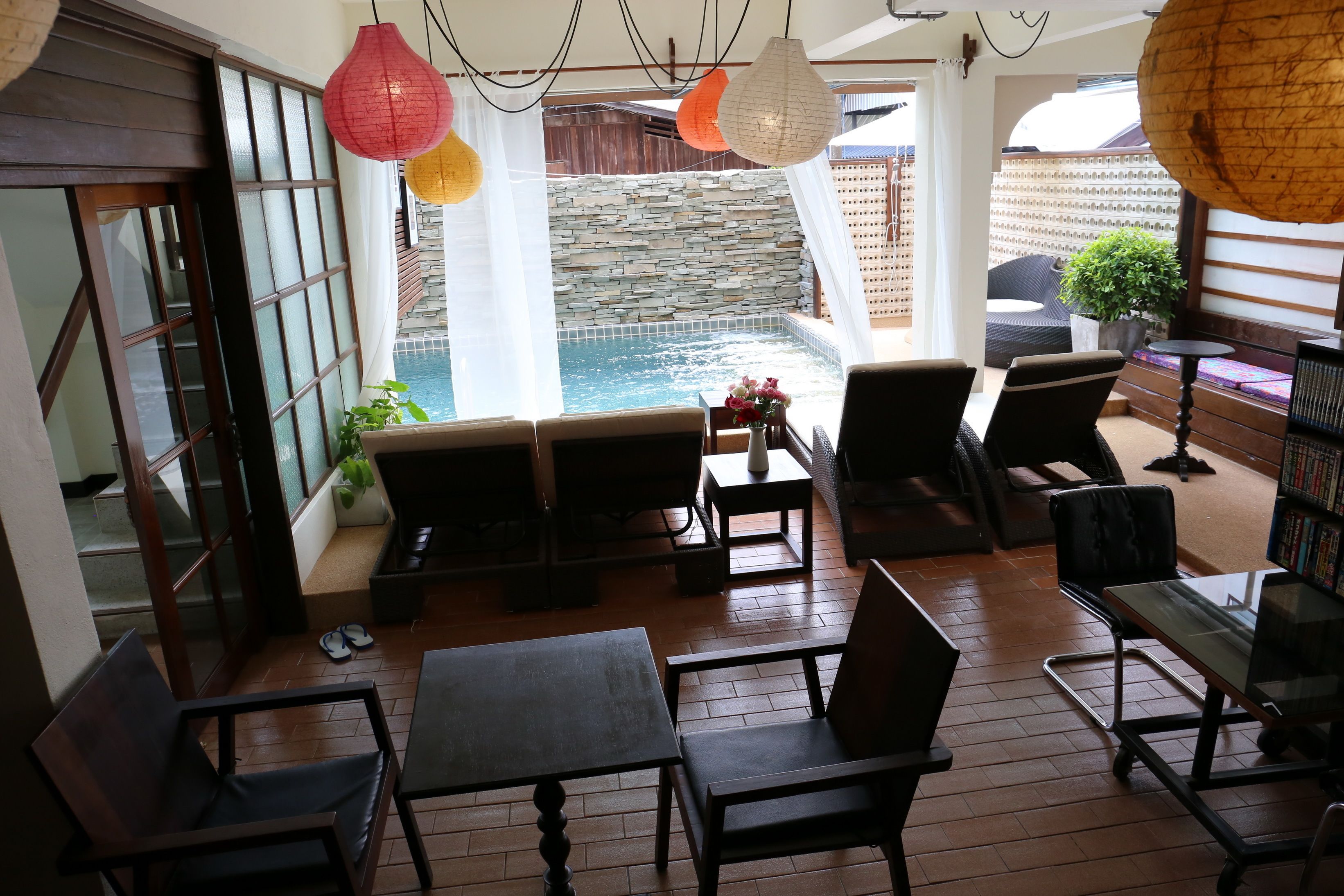 outdoor pool, pool umbrellas, pool loungers