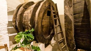 A rustic interior with wooden barrels and a ladder leaning against a stone wall. - Hotel Can Font (Sineu)