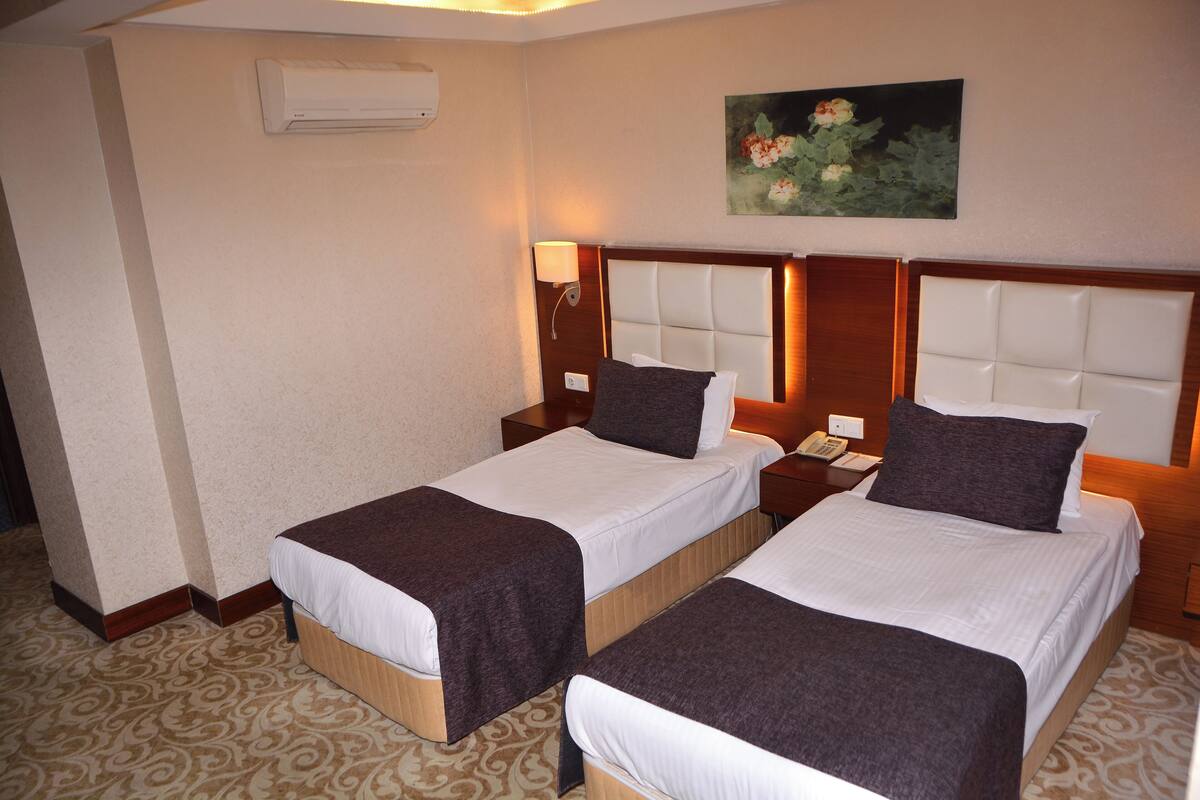 A hotel room with two beds, a painting on the wall, and an air conditioning unit.